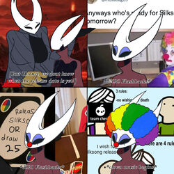  1:1 2_horns absurd_res afro anthro arthropod big_breasts breasts cape carrotgitlewd clothing clown clown_makeup clown_nose dialogue digital_media_(artwork) duo english_text eyelashes female hi_res hollow_knight hollow_knight:_silksong horn hornet_(hollow_knight) insects meme team_cherry text the_knight_(hollow_knight) vessel_(species) 