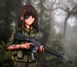  absurdres ammunition_pouch artist_name assault_rifle backpack bag bandaid bandaid_on_arm blurry blurry_background brown_hair cargo_pants closed_mouth colored_eyepatch day depth_of_field dirty dirty_clothes dirty_face dirty_hands english_text explosive eyepatch female foliage frown girls&#039;_frontline green_bag green_jacket green_pants grenade gun gun_sling hair_between_eyes highres holding holding_gun holding_weapon jacket jungle load_bearing_equipment long_hair looking_at_viewer m16 m16a1 m16a1_(girls&#039;_frontline) military military_jacket military_uniform multicolored_hair nature outdoors pants peace_symbol plant platoon pocket pouch rifle scar scar_across_eye scar_on_face sleeves_rolled_up smoke_grenade solo streaked_hair tree trigger_discipline two-tone_hair uniform vietnam vietnam_war vkontakte_username weapon yellow_eyes zap-nik 