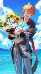  1boy black_gloves blush bouquet closed_eyes cloud crossed_bangs day earrings flower genshin_impact gloves hair_between_eyes highres holding jacket jewelry male_focus mask mask_on_head miz_(mi) ocean off_shoulder open_mouth orange_hair outdoors red_scarf red_shirt ruin_guard_(genshin_impact) scarf shirt single_earring sky solo stuffed_toy sunflower tartaglia_(genshin_impact) vision_(genshin_impact) water wet wet_hair white_flower yellow_flower 