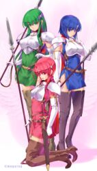  3girls armor black_footwear blue_dress blue_eyes blue_hair boots breastplate brown_footwear catria_(fire_emblem) closed_mouth covered_navel dress elbow_gloves est_(fire_emblem) eyes_visible_through_hair fire_emblem fire_emblem:_mystery_of_the_emblem full_body gloves green_dress green_eyes green_hair hair_between_eyes hand_up headband highres holding holding_polearm holding_weapon kirishima_satoshi kneeling long_hair looking_at_viewer multiple_girls open_mouth palla_(fire_emblem) pegasus_knight_uniform_(fire_emblem) pink_dress pink_eyes pink_hair polearm sheath sheathed short_dress short_hair short_sleeves shoulder_armor siblings side_slit sisters sleeveless sleeveless_dress smile spear standing straight_hair sword thigh_boots thighhighs twitter_username very_long_hair weapon white_gloves zettai_ryouiki 