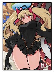  black_dress black_gloves blonde_hair breasts dark-skinned_female dark_skin dress earrings ereshkigal_(fate) ereshkigal_alter_(fate) fate/grand_order fate_(series) female gloves hacco_mayu hair_ribbon highres hoop_earrings jewelry large_breasts long_hair long_sleeves looking_at_viewer red_eyes ribbon solo thighhighs thighs tiara 