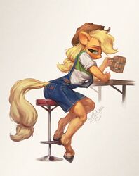  2020 anthro anthrofied applejack_(mlp) assasinmonkey bar_stool blonde_hair clothing container cup digital_media_(artwork) digital_painting_(artwork) equid equine female friendship_is_magic furniture green_eyes hair hasbro hi_res horse leaning mammal my_little_pony overalls pony pose sitting solo stool table 