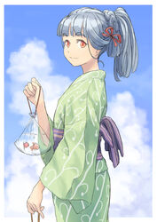  alternate_costume alternate_hairstyle bag bagged_fish blue_sky cloud commentary_request cowboy_shot female fish goldfish green_kimono grey_hair highres japanese_clothes kantai_collection kimono long_hair murakumo_(kancolle) orange_eyes plastic_bag ponytail short_eyebrows sky smile solo taruya 