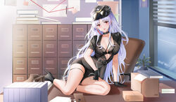  :p absurdres azur_lane black_bra black_footwear black_gloves black_hat black_shirt black_skirt bra breasts chinese_commentary commentary_request cuffs desk eyewear_on_head female full_body gloves handcuffs hat high_heels highres large_breasts long_hair looking_at_viewer multicolored_hair official_alternate_costume on_desk partial_commentary qing_wu red_eyes red_hair shirt skirt solo streaked_hair sunglasses tallinn_(as_you_say_ma&#039;am!)_(azur_lane) tallinn_(azur_lane) tongue tongue_out two-tone_hair underwear very_long_hair white_hair 