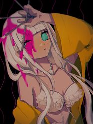  bare_shoulders bikini black_background blood blood_on_face blunt_bangs breasts collarbone commentary danganronpa_(series) danganronpa_v3:_killing_harmony dark-skinned_female dark_skin female frilled_bikini frills front-tie_bikini_top front-tie_top hand_up holding jacket jewelry long_hair long_sleeves looking_at_viewer low_twintails necklace off_shoulder paintbrush parted_lips pink_blood protected_link seunohala shell shell_necklace simple_background solo swimsuit twintails upper_body wavy_background white_bikini wide_sleeves yellow_jacket yonaga_angie 