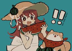  ! !! +_+ aqua_background blush canine chibi dated dress eating female food fruit gooooskap hair_between_eyes hat holding holding_food idolmaster idolmaster_shiny_colors komiya_kaho long_hair mamemaru_(shiny_colors) open_mouth red_hair scarf shiba_inu simple_background sitting sun_hat upper_body watermelon watermelon_slice white_dress 