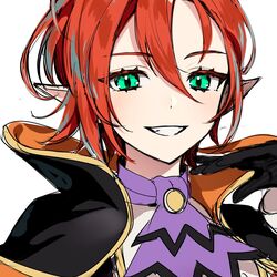  cape elf female green_eyes ha_youn highres korean_commentary looking_at_viewer lord_of_heroes lucilicca_la&#039;elaya lucilicca_la&#039;elaya_(fire) pale_skin pointy_ears red_hair short_hair smile solo white_background 