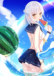  bad_id bad_pixiv_id bare_back bikini blue_sky blurry bracelet cloud cloudy_sky commentary_request day depth_of_field eating female food from_behind fruit fruit_on_liquid half_updo highres holding holding_food jewelry long_hair looking_at_viewer looking_back median_furrow midriff ocean original outdoors pleated_skirt popsicle rainbow sailor_bikini sailor_collar scrunchie senri_(senri_sen) sidelocks skirt sky solo swimsuit wading water_drop watermelon watermelon_bar wet wet_clothes wet_swimsuit white_bikini white_hair wrist_scrunchie yellow_eyes 