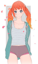  arms_behind_back blue_eyes breasts casual cleavage closed_mouth collarbone cowboy_shot drill_hair female gradient_hair green_jacket grey_shirt grey_shorts highres jacket light_smile medium_breasts midriff_peek multicolored_hair open_clothes open_jacket orange_hair petals red_hair rotogaki shirt shorts solo standing tsuujou_kougeki_ga_zentai_kougeki_de_ni-kai_kougeki_no_okaasan_wa_suki_desu_ka? twin_drills twintails wise_(okaa-san_online) 