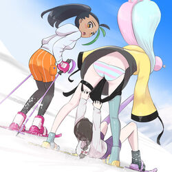  3girls accidental_exposure accidental_pervert aqua_hair arms_up ass assisted_exposure back black_hair brown_hair clothes_pull d: dark-skinned_female dark_skin day fallen_down flat_ass full_body high_ponytail highres holding_ski_pole hood hood_down hoodie iono_(pokemon) jacket juliana_(pokemon) leaning_forward leggings legs_apart light_blush long_hair long_sleeves looking_at_another lying microsd_(pibo) multicolored_hair multiple_girls naranja_academy_school_uniform nemona_(pokemon) on_back open_mouth orange_eyes outdoors outstretched_arms paid_reward_available panties pantyhose pink_hair pokemon pokemon_sv ponytail pulling_another&#039;s_clothes school_uniform shorts shorts_pull single_thighhigh ski_boots ski_gear ski_pole skiing skis snow striped_clothes striped_panties thigh_strap thighhighs two-tone_hair underwear very_long_hair wide_sleeves yellow_jacket yuri 