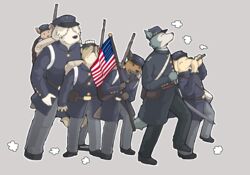  absurd_res anthro bag beastars bird_dog canid canine canis civil_war clothed clothing collot_(beastars) coyote domestic_dog drum durham_(beastars) fennec_fox flag footwear fox fur group gun hat headgear headwear herding_dog hi_res hunting_dog hyena jack_(beastars) labrador legoshi_(beastars) male mammal melee_weapon miguno_(beastars) mitchthegoat musical_instrument musket old_english_sheepdog pastoral_dog percussion_instrument ranged_weapon retriever room_701 sheepdog shoes spotted_hyena sword true_fox united_states_of_america voss_(beastars) weapon wolf 