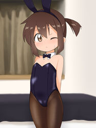  absurdres animal_ears arms_behind_back bad_id bad_pixiv_id bakusou_kyoudai_let&#039;s_&amp;_go!! bare_shoulders bed bedroom black_leotard black_pantyhose bow bowtie brown_eyes brown_hair commentary_request curtains detached_collar fake_animal_ears female flat_chest groin highres indoors leotard one_eye_closed pantyhose playboy_bunny ponytail rabbit_ears sagami_jun short_hair solo strapless strapless_leotard thighs uno_(mon_chat_noir) 