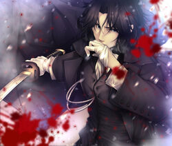  1boy ascot black_hair black_jacket black_vest blood blood_splatter drifters glove_in_mouth gloves grey_eyes hatori_mia highres hijikata_toshizou_(drifters) holding holding_sword holding_weapon jacket male_focus mouth_hold solo sword tassel upper_body vest weapon white_ascot white_gloves 