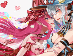  2girls baobhan_sith_(fate) baobhan_sith_(valentine_witches)_(fate) bare_shoulders blue_eyes blue_headwear bow breasts brown_bow cleavage confetti eye_contact fate/grand_order fate_(series) fingernails flower grey_background grey_eyes hat hat_bow hat_flower heart large_breasts long_fingernails long_hair looking_at_another morgan_le_fay_(fate) morgan_le_fay_(valentine_witches)_(fate) mother_and_daughter multiple_girls open_mouth pink_hair pink_headwear pointy_ears purple_eyes red_nails rose signature smile togashi_(choco-bakama_kitchen) twitter_username upper_body valentine white_hair witch_hat yellow_flower yellow_rose 