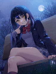  a20_(atsumaru) absurdres arm_support bench black_hair black_socks blazer blue_jacket bow bowtie breasts clenched_teeth collared_shirt commentary crossed_legs english_commentary female forest from_below full_moon grey_skirt grey_sweater_vest highres jacket kneehighs long_hair long_sleeves looking_at_viewer moon nature night night_sky open_clothes open_jacket original plaid plaid_skirt pleated_skirt pointing pointing_at_self red_bow red_bowtie school_uniform shirt sidelocks sitting skirt sky small_breasts smile socks solo star_(sky) sweater_vest teeth tree white_shirt yellow_eyes 