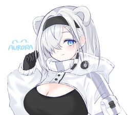  animal_ears arknights aurora_(arknights) aurora_(elite_ii)_(arknights) bear_ears black_gloves black_hairband black_shirt blue_eyes breasts character_name cleavage commentary_request female gloves hair_over_one_eye hairband hand_up highres lalihop large_breasts long_hair looking_at_viewer shirt shrug_(clothing) simple_background smile solo upper_body white_background white_hair 