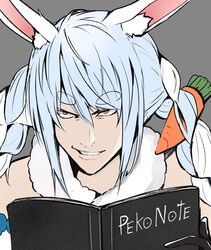  animal_ear_fluff animal_ears artpatient bare_shoulders black_gloves blue_hair book carrot_hair_ornament commentary_request death_note death_note_(object) female food-themed_hair_ornament fur_scarf gloves grey_background hair_ornament highres holding holding_book hololive just_as_planned_(meme) long_hair meme multicolored_hair obata_takeshi_(style) orange_eyes parody portrait rabbit_ears short_eyebrows smirk solo style_parody two-tone_hair usada_pekora usada_pekora_(1st_costume) virtual_youtuber white_hair 