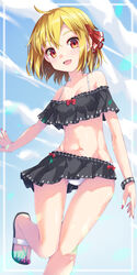  ahoge bare_arms bare_legs bare_shoulders barefoot bikini bikini_skirt black_bikini blonde_hair blush breasts collarbone feet female fingernails foot_out_of_frame groin hair_ribbon highres nail_polish navel oerba_yun_fang open_mouth red_eyes red_nails red_ribbon ribbon rumia sandals short_hair skin_fang small_breasts smile solo swimsuit toenail_polish toenails toes touhou uumaru 