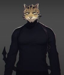  anthro black_bottomwear black_clothing black_shirt black_topwear bottomwear clothed clothing felid fur half-length_portrait leopard lifewonders looking_at_viewer male mammal ose_(tas) pantherine pecs portrait shirt simple_background solo tokyo_afterschool_summoners topwear white_body white_fur yellow_body yellow_fur yow 