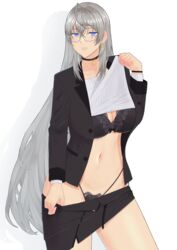  absurdres bitter_(38399521) black_bra black_choker black_jacket black_panties black_skirt blue_eyes blush bra breasts business_suit choker cleavage clothes_lift clothes_pull commission earrings feet_out_of_frame female formal fx-05_(girls&#039;_frontline) fx-05_(soaring_to_the_clouds)_(girls&#039;_frontline) girls&#039;_frontline glasses grey_hair highres jacket jewelry lifting_own_clothes long_hair long_sleeves looking_at_viewer medium_breasts navel office_lady official_alternate_costume open_clothes open_jacket open_mouth panties parted_lips pixiv_commission shadow shirt shirt_lift skirt skirt_pull smile solo standing suit thong underwear white_background white_shirt 