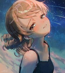  absurdres black_camisole blonde_hair blush camisole comet drill_hair earrings female highres idolmaster idolmaster_cinderella_girls jewelry looking_at_viewer morikubo_nono shooting_star signature sky smile solo star_(sky) starry_sky stud_earrings teardrop tears upper_body yukinuno 