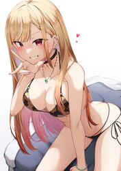  arched_back backlighting between_legs bikini black_bikini black_choker blonde_hair blush bracelet breasts choker cleavage collarbone commentary cowboy_shot ear_piercing earrings female fingernails floral_print grin gyaru hair_behind_ear halterneck hand_between_legs hand_on_own_chin hand_up heart highres hoop_earrings jewelry kitagawa_marin looking_at_viewer medium_breasts morros multi-strapped_bikini_bottom o-ring o-ring_bikini o-ring_top parted_bangs pearl_bracelet pendant piercing pink_nails print_bikini purple_eyes side-tie_bikini_bottom single_sidelock sitting smile solo sono_bisque_doll_wa_koi_wo_suru string_bikini stud_earrings swimsuit wristband 