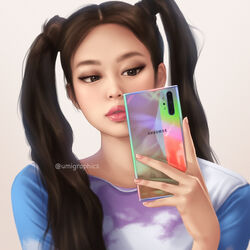  blackpink brown_eyes brown_hair cellphone facing_viewer female jennie_(blackpink) k-pop lips long_hair phone portrait real_life reflection samsung smartphone solo twintails umigraphics white_background 