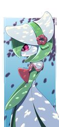  absurdres bonnet border capelet closed_mouth commentary_request female flower from_side gardevoir gardevoir_(fashionable) highres looking_down pokemon pokemon_(creature) pokemon_unite purple_eyes red_flower smile solo tsukkon white_border white_headwear 