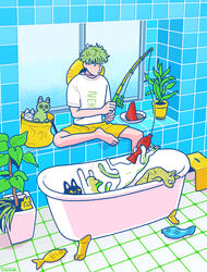  1boy barefoot bathtub claw_foot_bathtub feline fishing_line fishing_rod food fruit green_hair hat_on_back kk724 leaf male_focus original pants plant plate potted_plant shadow shirt short_hair short_sleeves solo tile_floor tile_wall tiles watermelon watermelon_slice white_shirt window yellow_pants 