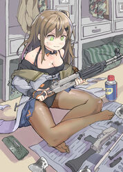  absurdres assault_rifle bare_shoulders black_gloves black_shirt breasts brown_hair cabinet camouflage camouflage_jacket cleaning cleaning_gun cleaning_weapon cleavage closed_mouth daewoo_k2 feet female fingerless_gloves full_body girls&#039;_frontline gloves green_eyes gun hair_ornament hairpin highres holding holding_gun holding_weapon indoors jacket k2_(girls&#039;_frontline) legs long_hair long_sleeves military military_uniform newspaper pantyhose planyaria rifle shirt side_ponytail sitting solo sweat toes uniform wd-40 weapon white_jacket 