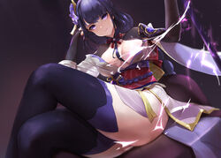  areola_slip armor black_thighhighs braid breasts bridal_gauntlets censored chinese_commentary cleavage closed_mouth commentary_request crossed_legs dutch_angle female flower genshin_impact gong_cha hair_ornament highres japanese_clothes kimono large_breasts light_particles long_hair looking_at_viewer md5_mismatch mole mole_on_breast mole_under_eye obi obiage obijime partial_commentary purple_eyes purple_flower purple_hair raiden_shogun resolution_mismatch ribbon sash shoulder_armor simple_background sitting solo sword thighhighs thighs weapon 