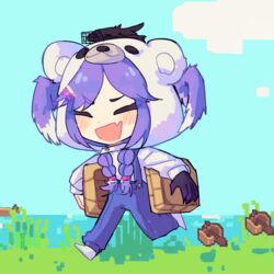  animal_costume bear_costume braid chibi closed_eyes cloud commentary ember_(selen_tatsuki) english_commentary female grass holding jess_(p2eocene) minecraft muzzle nijisanji nijisanji_en open_mouth outdoors overalls purple_hair running selen_tatsuki sky smile solo twin_braids virtual_youtuber water 