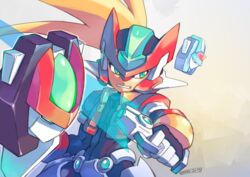  1boy artist_name bad_id bad_pixiv_id biometal blonde_hair clenched_teeth commentary_request cowboy_shot dated energy_sword green_hair helmet holding holding_sword holding_weapon long_hair looking_to_the_side male_focus mega_man_(series) mega_man_zx model_x_(mega_man) model_z_(mega_man) model_zx_(mega_man) red_helmet robot_ears shaded_face simple_background solo sword teeth tomycase vent_(mega_man) weapon 