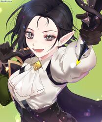  :d arm_up black_hair blurry bokeh breasts commentary_request depth_of_field elf eyelashes female green_background grey_eyes highres holding holding_weapon korean_commentary looking_at_viewer looking_up lord_of_heroes lower_teeth_only lucilicca_la&#039;elaya lucilicca_la&#039;elaya_(earth) open_mouth pale_skin pointy_ears smile sword teeth tongue twitter_username upper_body waffleowner weapon 