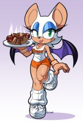  2020 alternate_costume anthro bat bat_wings blue_eyeshadow bottomwear breasts chili_dog cleavage clothed clothing english_text eyelashes eyeshadow female food footwear fur gradient_background green_eyes holding_food holding_object hooters hot_dog makeup mammal membrane_(anatomy) membranous_wings orange_bottomwear orange_clothing orange_shorts purple_background rongs1234 rouge_the_bat sega shirt shoes shorts simple_background smile solo sonic_the_hedgehog_(series) standing tan_body tan_skin tank_top text text_on_clothing text_on_shirt text_on_tank_top text_on_topwear topwear uniform white_body white_clothing white_footwear white_fur white_shoes wings 