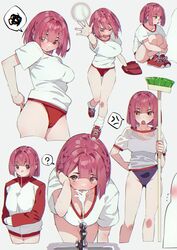  &gt;_&lt; 1other ? absurdres anger_vein baseball baseball_mitt blush breasts broom brown_eyes buruma cleavage drinking_fountain female flying_sweatdrops groin gym_uniform hand_on_own_hip heterochromia highres holding holding_broom hololive houshou_marine jacket knees_to_chest koubou_(cowbow_kun) large_breasts looking_at_viewer multiple_views official_alternate_hair_length official_alternate_hairstyle one-piece_swimsuit open_mouth purple_eyes purple_hair purple_one-piece_swimsuit red_hair school_swimsuit see-through shirt short_hair sitting socks spoken_anger_vein spoken_question_mark sweatdrop swimsuit swimsuit_under_clothes virtual_youtuber wet wet_clothes wet_shirt white_socks 