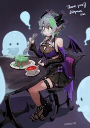  :t apricot_the_lich apricot_the_lich_(1st_costume) artist_name black_footwear black_legwear black_skirt black_sleeves bow breasts chair cleavage closed_mouth collarbone commentary commission cross cross_earrings crown cup demon_girl demon_horns demon_wings detached_sleeves earrings eating female food fork full_moon ghost green_eyes green_hair hair_ornament hairclip high_heels highres holding holding_cup holding_fork horns jewelry jun_(navigavi) large_breasts long_sleeves moon multiple_horns nail_polish on_chair pointy_ears purple_bow red_nails short_hair single_thighhigh sitting skeb_commission skirt spiked_anklet table teacup thank_you thigh_strap thighhighs toenail_polish toenails virtual_youtuber vshojo wings wooden_table 