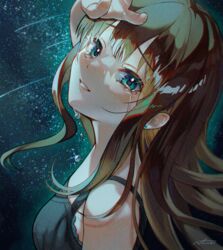  absurdres black_camisole breasts brown_hair camisole comet earrings female highres idolmaster idolmaster_cinderella_girls jewelry looking_at_viewer medium_breasts shibuya_rin sky smile solo star_(sky) starry_sky stud_earrings teardrop tears upper_body yukinuno 