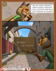  ancient ancient_furry_art ancient_rome anthro avian barrel bird broken canid canine cart clothing columbid comic cookie detailed_background english_text food fox fur furry_rome graffiti hi_res jug male mammal murid murine orange_body orange_fur page_9 pigeon rat rodent roman rome solo street teeth text thief tunic url vestina window 