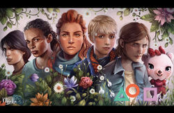  2019 aloy anthro bear black_hair black_nose blonde_hair blouse blue_eyes bow_(disambiguation) brown_eyes brown_hair chloe_fisher clothed clothing dreams_(video_game) ellie_(tlou) female flower frances_(dreams) fur gloves group hair handwear hi_res horizon_(series) human leaf looking_at_viewer maja-lisa mammal naughty_dog open_mouth orange_hair outside plant smile sony_corporation sony_interactive_entertainment standing teeth the_last_of_us topwear uncharted uncharted_4:_a_thief&#039;s_end white_body white_fur yellow_eyes 