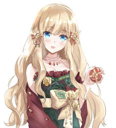  blonde_hair blue_eyes blush bow breasts christmas cleavage collarbone commentary dress elf female flower frills hair_ornament hairbow highres holding jewelry kohana_(princessxhana) large_breasts long_hair looking_at_viewer necklace open_mouth pointy_ears princess_connect! red_shawl saren_(christmas)_(princess_connect!) saren_(princess_connect!) shawl simple_background solo strapless strapless_dress upper_body white_background 