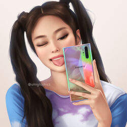  blackpink brown_eyes brown_hair cellphone facing_viewer female jennie_(blackpink) k-pop lips long_hair one_eye_closed phone portrait real_life reflection samsung smartphone solo tongue tongue_out twintails umigraphics white_background 