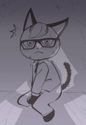  animal_crossing anthro blush bodily_fluids clothing domestic_cat eyewear felid feline felis glasses male mammal menacing_(disambiguation) momo_(artist) motion_lines necktie nervous nintendo puffed_tail raymond_(animal_crossing) scared shadow solo sweat topwear vest 