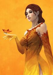  braid brown_eyes brown_hair bug butterfly butterfly_on_hand collide commission commissioner_upload dress elemental_(creature) female gradient_dress monori_rogue orange_background orange_dress original parted_lips photoshop_(medium) simple_background solo standing 