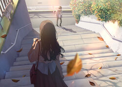  1boy absurdres autumn autumn_leaves bag black_hair brown_scarf commentary_request day facing_away falling_leaves feline female from_behind highres holding holding_bag leaf long_hair long_skirt long_sleeves looking_at_another macaronk original outdoors pants scarf shirt short_hair shoulder_bag skirt stairs white_shirt 