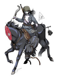  black_hair black_horse bolt_action breasts cavalry decapitation espedraws famine_(book_of_revelation) female finnish_army full_body green_eyes gun hat headless helmet highres holding holding_sword holding_weapon horseback_riding long_hair long_sleeves military military_hat military_uniform mosin-nagant open_clothes original riding rifle sickle simple_background solo sword the_bible uniform weapon white_background zombie 