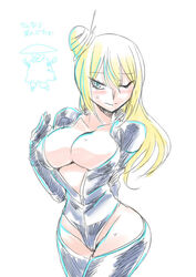  blonde_hair blue_eyes blush bodysuit breasts cleavage closed_mouth female gloves hair_bun hair_ornament hair_stick large_breasts long_hair looking_at_viewer nancy_lee ninja_slayer simple_background single_hair_bun solo tukiwani white_background 