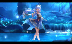  blue_eyes blue_flower blue_hair blue_skirt bridal_gauntlets camellia_print chahei commentary_request female floating_hair floral_print flower folding_fan genshin_impact half-closed_eyes hand_fan highres holding holding_fan kamisato_ayaka kanze_mizu layered_sleeves letterboxed long_hair long_sleeves night outdoors parted_lips pleated_skirt ponytail short_over_long_sleeves short_sleeves skirt solo standing tree very_long_hair wading water wide_sleeves 