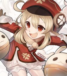  :d ahoge artist_name bent_over bloomers blurry brown_gloves brown_scarf cabbie_hat clover_print coat commentary_request depth_of_field dodoco_(genshin_impact) female genshin_impact gloves hair_between_eyes hat hat_feather hat_ornament jumpy_dumpty klee_(genshin_impact) light_brown_hair long_hair long_sleeves looking_at_viewer low_twintails open_mouth outstretched_arms pocket pointy_ears red_coat red_eyes red_hat rktsm scarf sidelocks smile solo spread_arms twintails v-shaped_eyebrows 