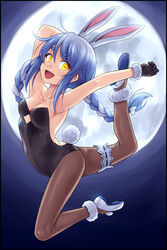  :d animal_ears arms_up backless_leotard bare_arms black_gloves black_leotard black_pantyhose blue_hair braid breasts bridal_garter collarbone commentary english_commentary extra_ears female full_body full_moon fur-trimmed_gloves fur_trim gloves hikimayu hololive horizontal_pupils jumping leotard long_hair looking_at_viewer medium_breasts moon multicolored_hair noise_(tsuzuki) open_mouth pantyhose playboy_bunny rabbit_ears rabbit_girl rabbit_tail shoes smile solo strapless strapless_leotard tail twin_braids two-tone_hair usada_pekora usada_pekora_(1st_costume) virtual_youtuber white_hair yellow_eyes 